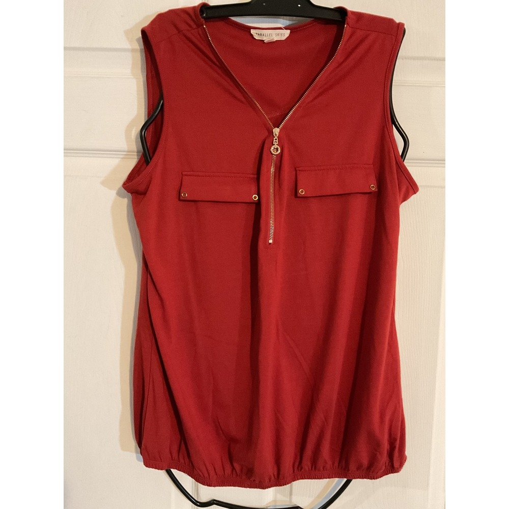 Parallel Skies Red Sleeveless Half Zip‎ Bubble Hem Blouse Top XL TP-MS-213